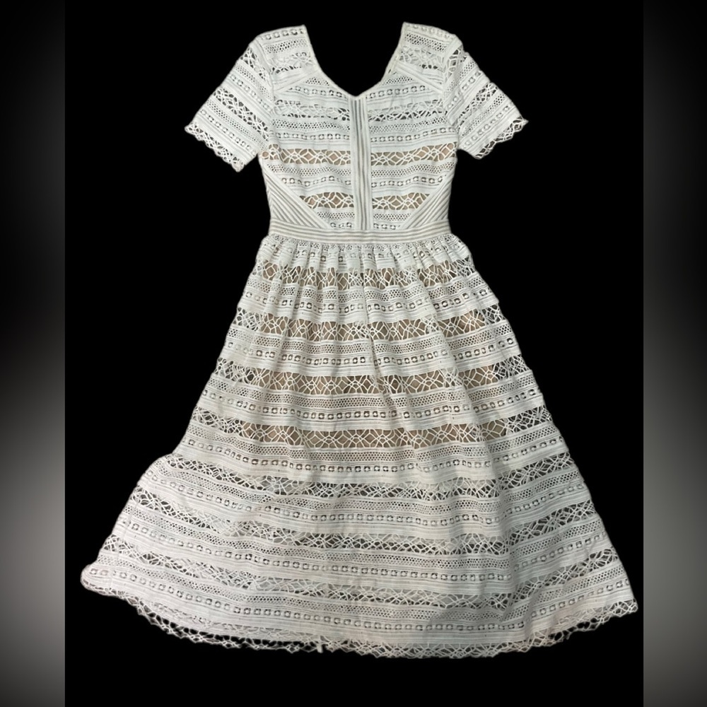 Serie SUNCOO White Crochet Lace Sundress Dress Midi Lined Elegant for Wedding​